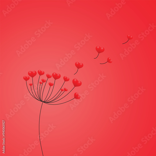 Obraz na płótnie Dandelion with hearts. Happy Valentine's Day greeting card. Lovely romance flower. Congratulations with Love. Valentine's Day Spring and Summer Vector illustration background. w salonie