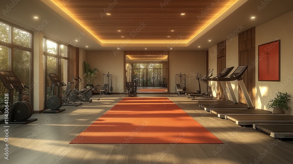 Modern gym interior with cardio equipment, large windows, and orange mat. Modern gym interior with cardio equipment, large windows, and orange mat.