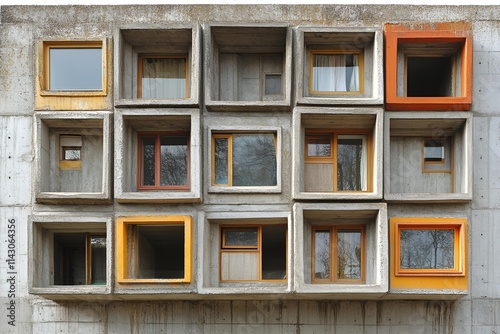 Asymmetrical concrete building facade with colorful square windows photo