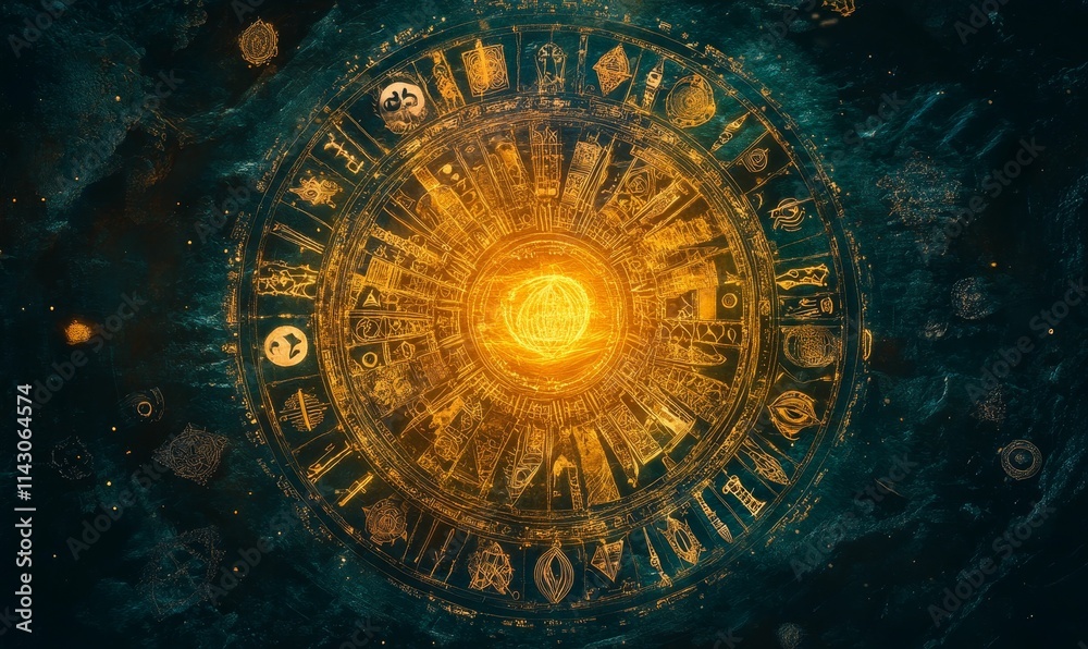 Glowing circular design; ancient symbols, dark background. Glowing circular design; ancient symbols, dark background.