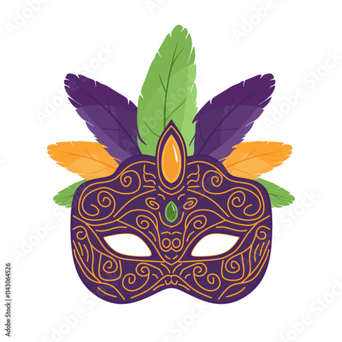 Colorful carnival mask, decorated with feathers for celebrations of Mardi Gras. Hand drawn bright decorative festive mask in cartoon style isolated on white background.Colored flat vector illustration