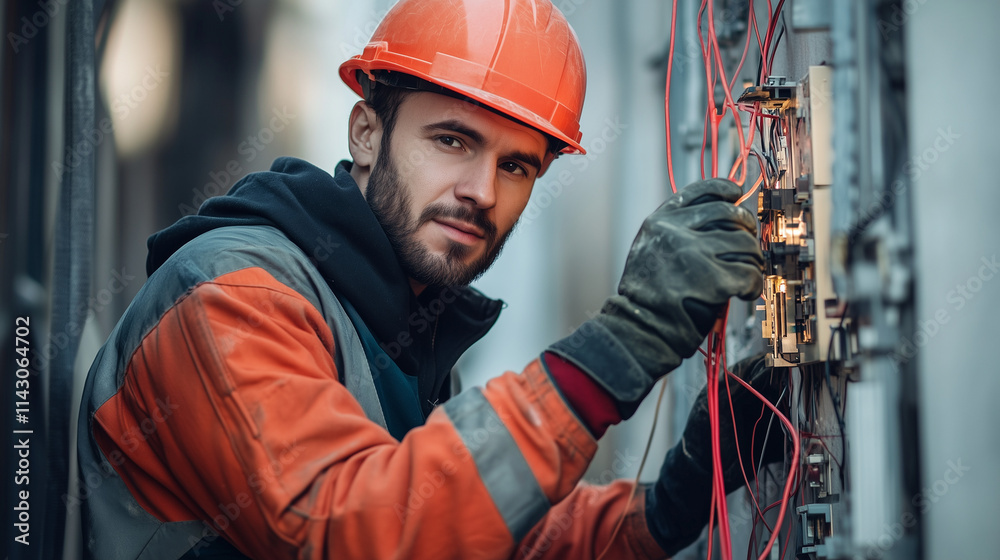 Electrician in safety gear working on electrical wiring with a focused expression Electrician in safety gear working on electrical wiring with a focused expression