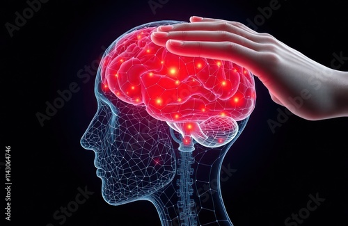 Human head profile shows brain with highlighted pain points. Caregiver gently touches head for medical emergency. Illustration mental health issue possibly stroke migraine. Medical emergency, pain