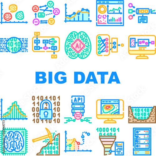 big data analytics hadoop icons set vector. spark nosql, machinelearning datamining, visualization scalability, cloud big data analytics hadoop color line illustrations