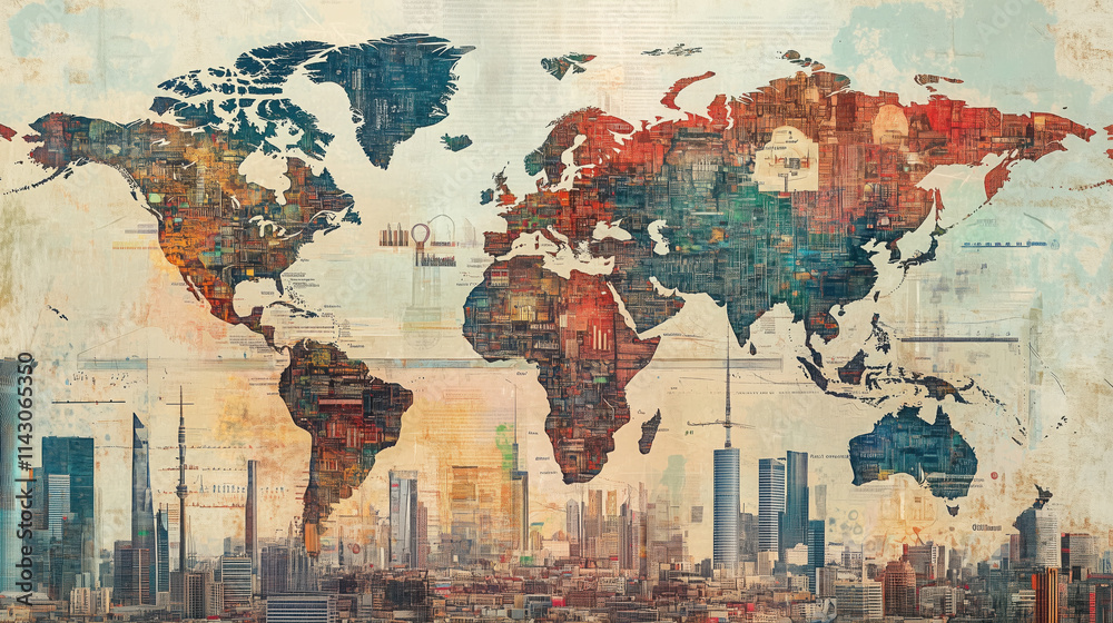 Naklejka premium Collage of Global Maps Illustrating Dominant Economic Sectors, Key Exports, Industries, and Natural Resources with Charts and Futuristic Data Overlays Highlighting International Trade Patterns and Eco