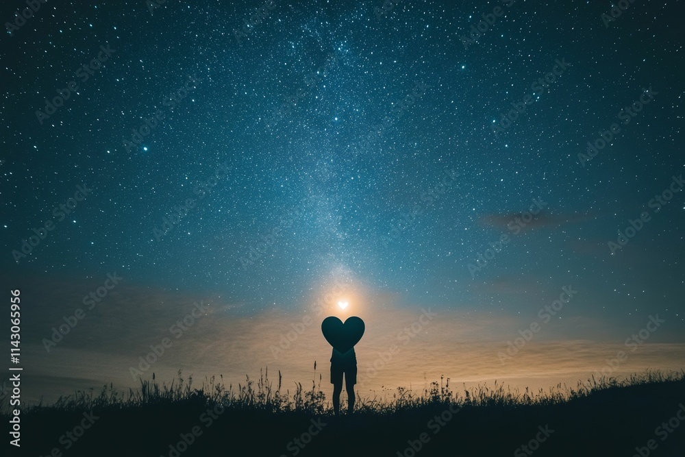 Starry night sky, person holds heart shape. Starry night sky, person holds heart shape.