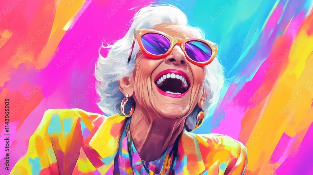 Elderly woman exudes happiness while dressed in a colorful jacket and stylish sunglasses, set against a dynamic, colorful backdrop that enhances her joyous expression. Generative AI Elderly woman exudes happiness while dressed in a colorful jacket and stylish sunglasses, set against a dynamic, colorful backdrop that enhances her joyous expression. Generative AI