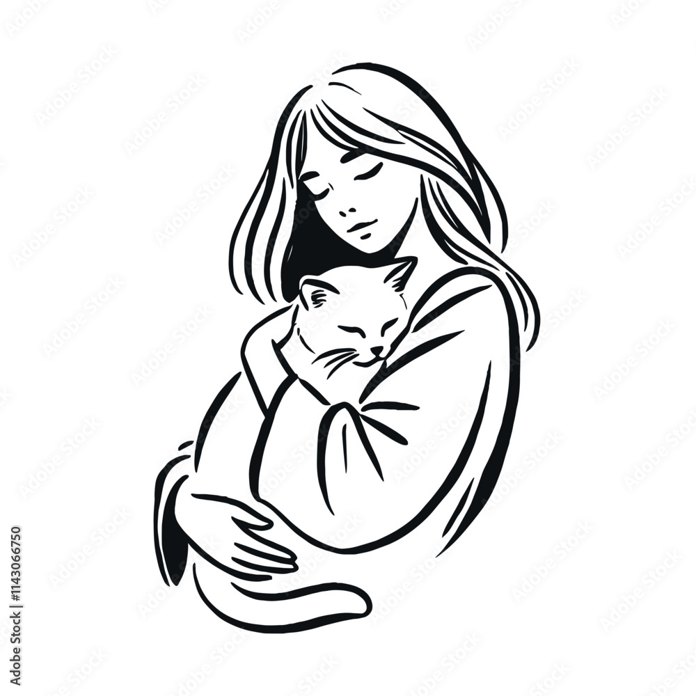 A girl hugs a white cat. Black line art illustration isolated on white background A girl hugs a white cat. Black line art illustration isolated on white background