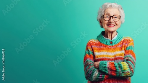 Elderly woman with curly gray hair and glasses smiles confidently while crossing her arms, wearing a vibrant striped sweater in a brightly colored room. Generative AI