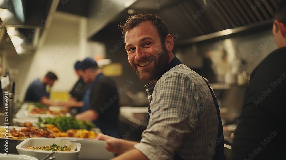 Happy chef smiling in busy restaurant kitchen. Happy chef smiling in busy restaurant kitchen.