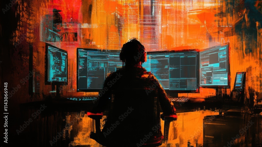 A digital artist works intently in a dark room illuminated by colorful screens displaying intricate designs and coding, capturing a cyberpunk atmosphere. Generative AI A digital artist works intently in a dark room illuminated by colorful screens displaying intricate designs and coding, capturing a cyberpunk atmosphere. Generative AI