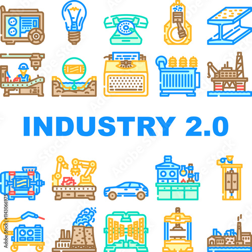 industry 2 automation icons set vector. robotics machinelearning, smartfactory digitalization, connectivity industry 2 automation color line illustrations