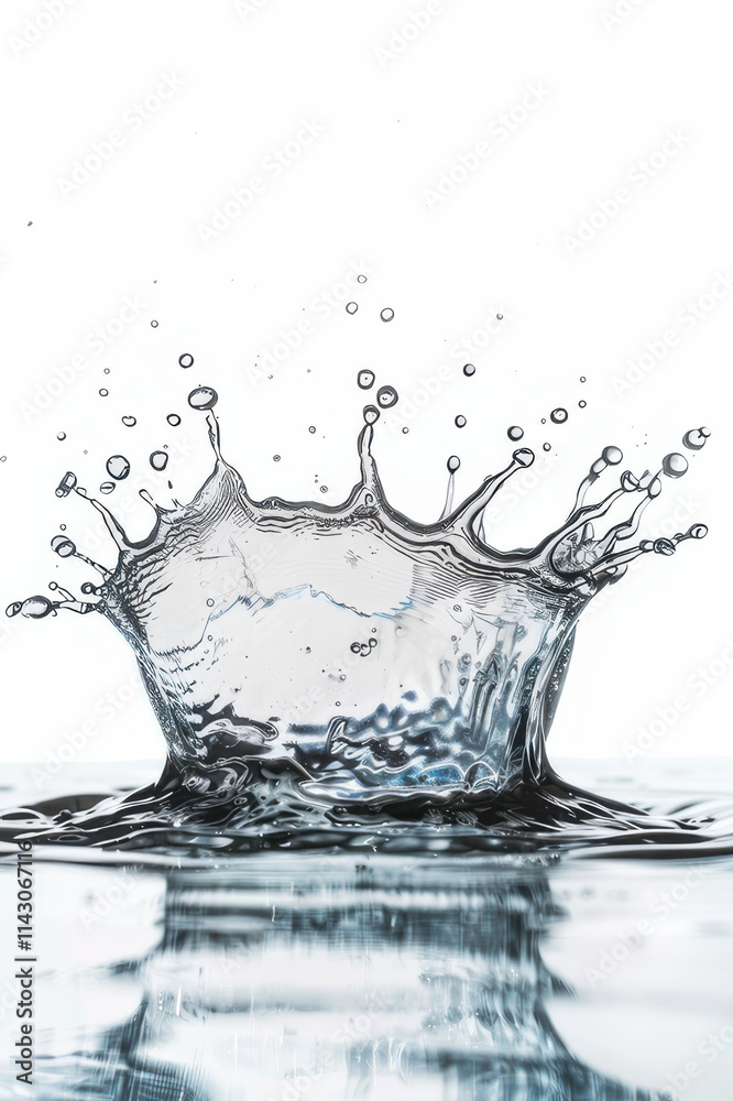 High-speed capture of a water splash forming a crown shape, symbolizing purity, freshness, and motion on a white background. High-speed capture of a water splash forming a crown shape, symbolizing purity, freshness, and motion on a white background.