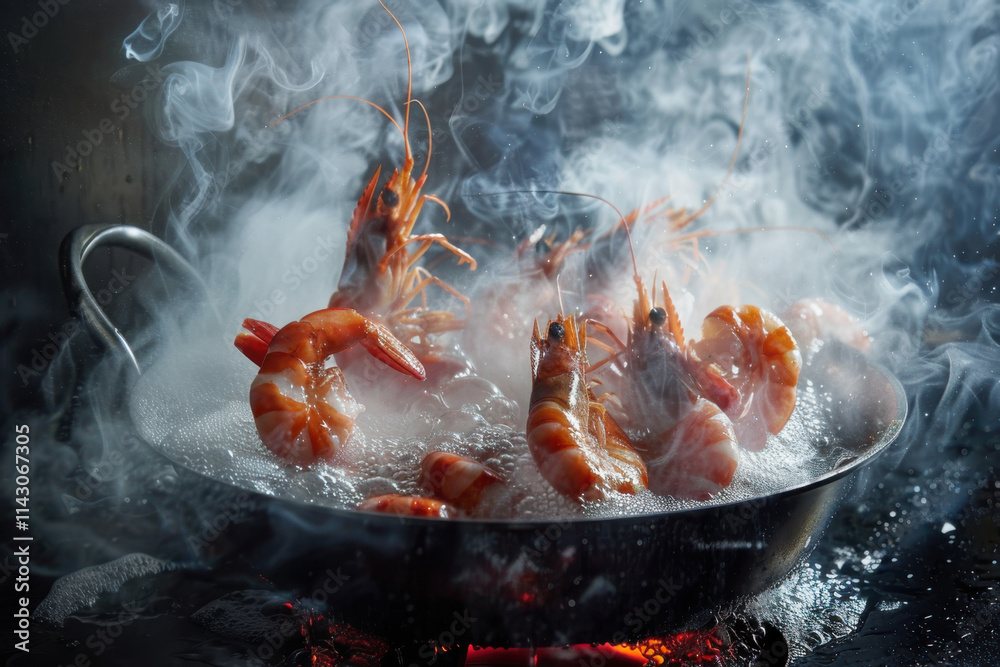Shrimps being boiled in a steaming pot, with rising steam, showcasing a dramatic and flavorful cooking process. Shrimps being boiled in a steaming pot, with rising steam, showcasing a dramatic and flavorful cooking process.