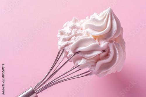 Whisk with whipped cream on pink background, closeup. Space for text  photo