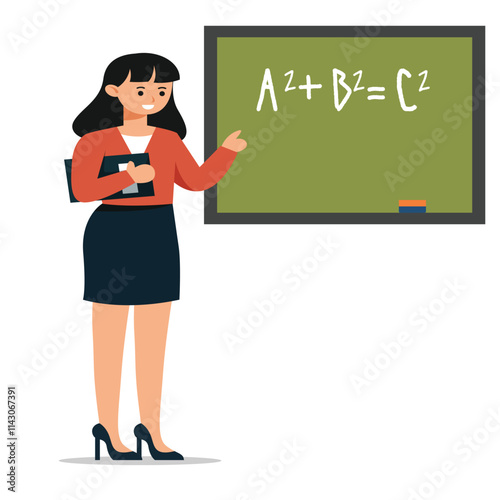female teacher is standing in front of the blackboard with a book