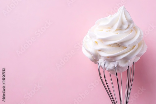 Whisk with whipped cream on pink background, closeup. Space for text  photo