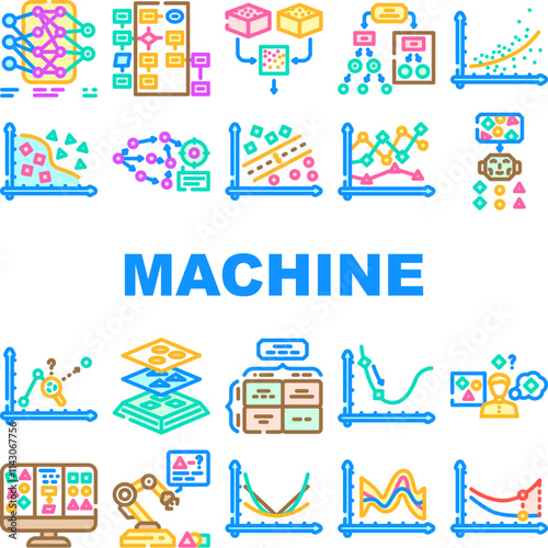 machine learning algorithm model icons set vector. data training, supervised unsupervised, neural deep, learning, regression machine learning algorithm model color line illustrations