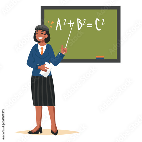 The teacher is standing in front of the blackboard explaining the material while carrying a stick