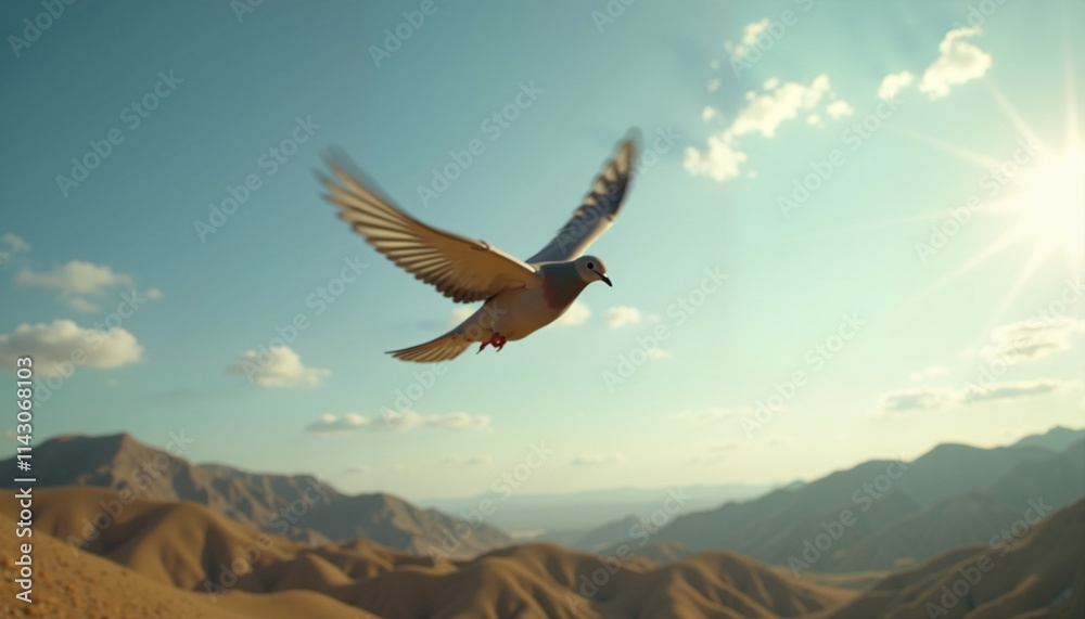 Naklejka premium Majestic dove in flight above desert mountains under a bright sunlit sky, Dove flying in sky, Peace Day