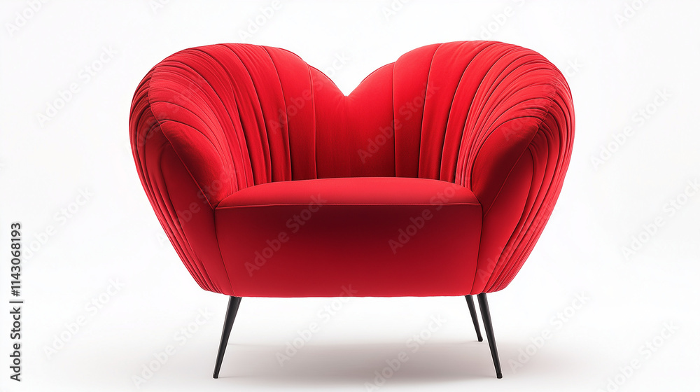 Fototapeta premium Modern red heart shaped chair with soft curves and black legs against a white background