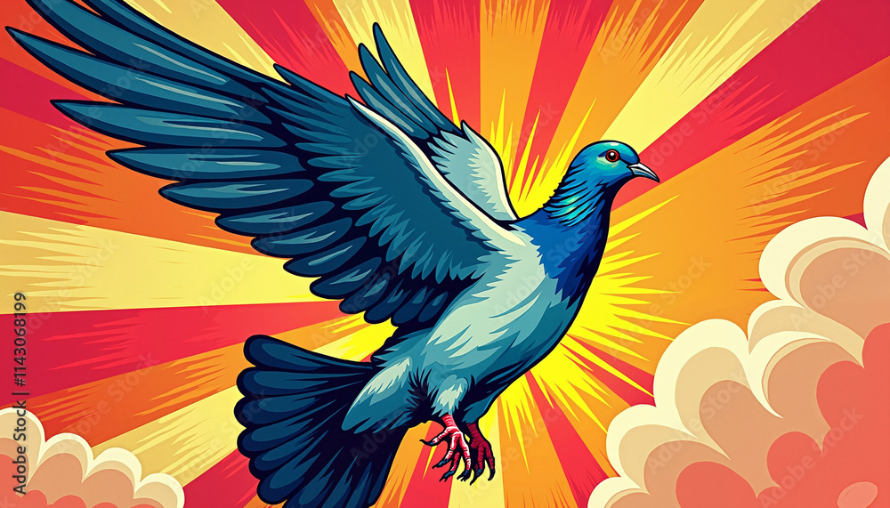 Bold blue pigeon soaring with dynamic wings against a vibrant comic-style background Bold blue pigeon soaring with dynamic wings against a vibrant comic-style background