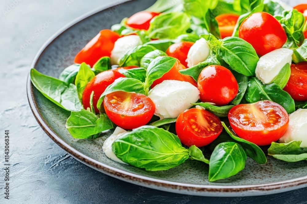 Fresh salad with crisp leafy greens, juicy cherry tomatoes, and creamy mozzarella presented on a rustic plate in a vibrant setting Fresh salad with crisp leafy greens, juicy cherry tomatoes, and creamy mozzarella presented on a rustic plate in a vibrant setting