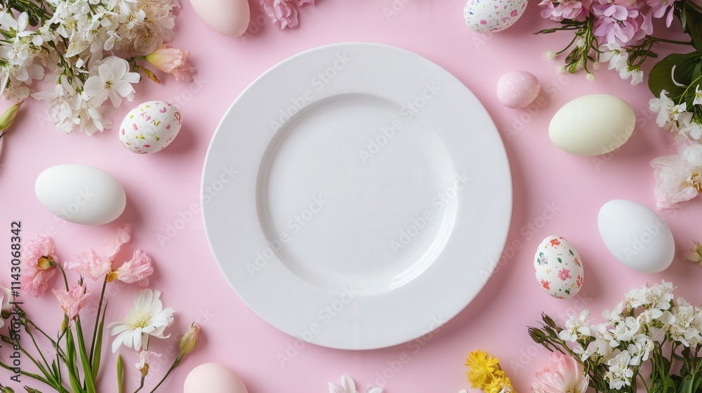 mock up Easter brunch table with a white plate in the center surrounded by scattered painted eggs, bunny-shaped napkins, and fresh flowers.