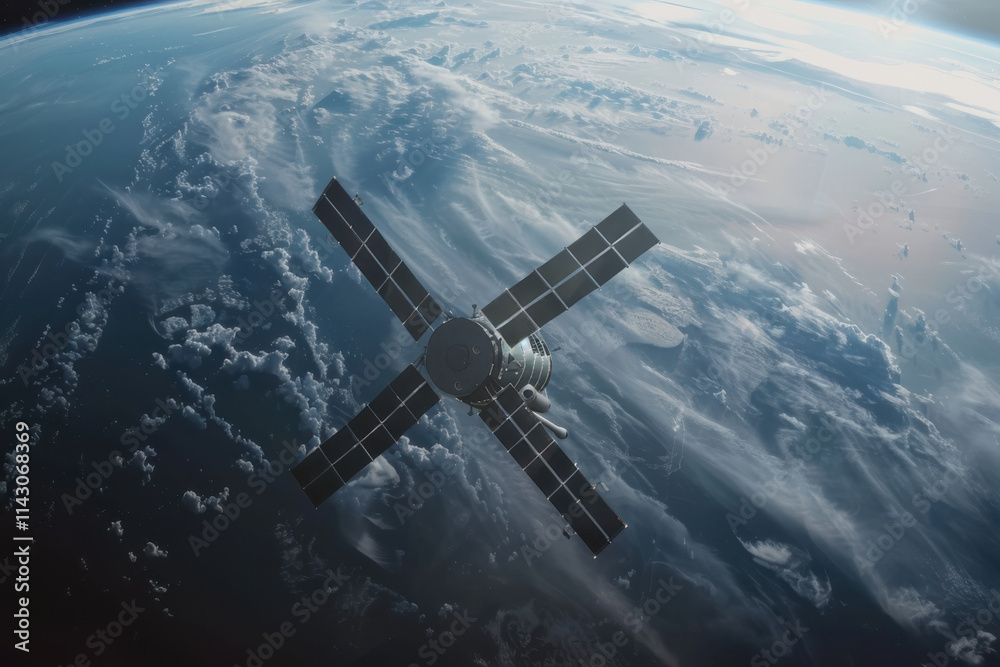 Satellite orbiting Earth with solar panels extended, capturing breathtaking views of the planet and the vast space. Satellite orbiting Earth with solar panels extended, capturing breathtaking views of the planet and the vast space.