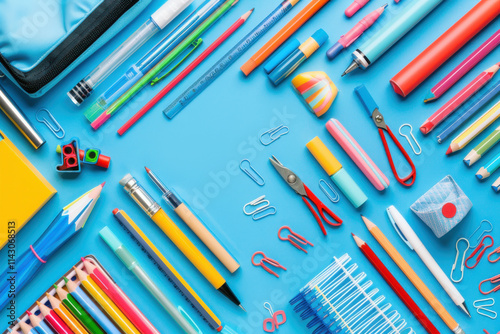 Colorful school supplies arranged on a blue background, creating a vibrant and organized back-to-school themed layout. photo