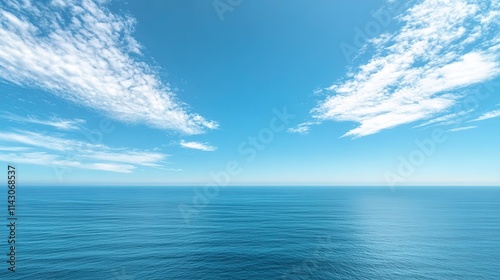 Serene ocean panorama with blue skies and wispy clouds