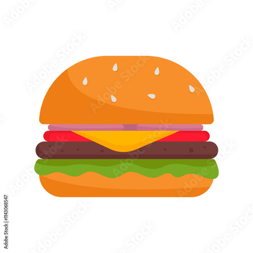 Vector cheeseburger icon in flat style. Fast food illustration. Delicious burger with cheese, meat, and vegetables. Isolated on white background.
