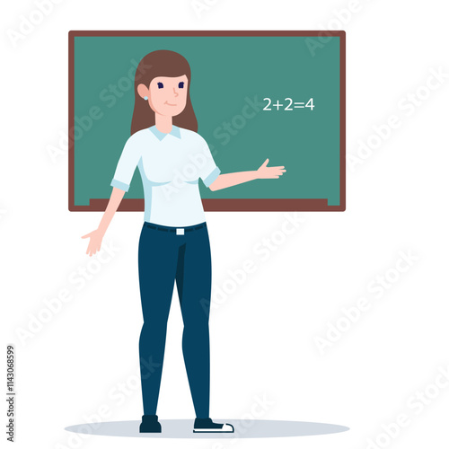 The teacher is standing in front of the blackboard explaining the material