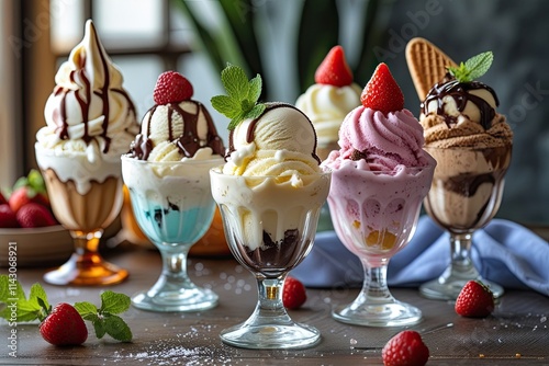 Summer Refreshing Assorted Ice Cream Sundaes in Elegant Tulip Glass Cups