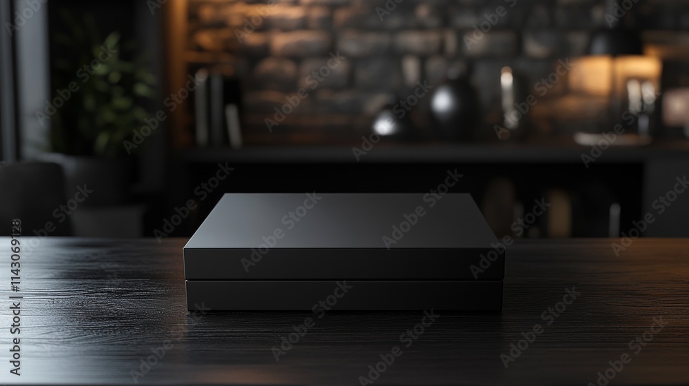 Obraz premium Sleek black gift box rests elegantly on a dark wooden table, creating a sophisticated display.
