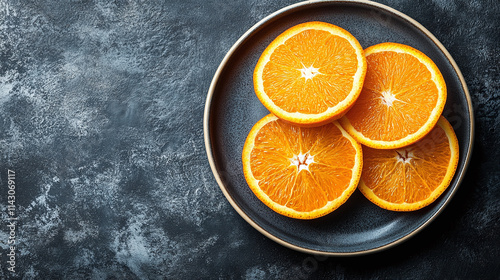 Orange slice on diet plate, cut fruit dessert with copy space, sweet healthy citrus top view, fresh juicy ripe piece, organic vitamin rich tropical food, nutritious snack. photo