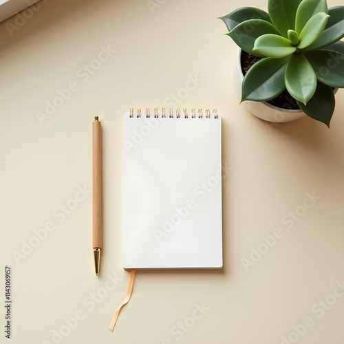 Minimalist workspace with a blank spiral notebook, wooden pen, and green succulent plant on a neutral beige background. Perfect for productivity, planning, and office themes.