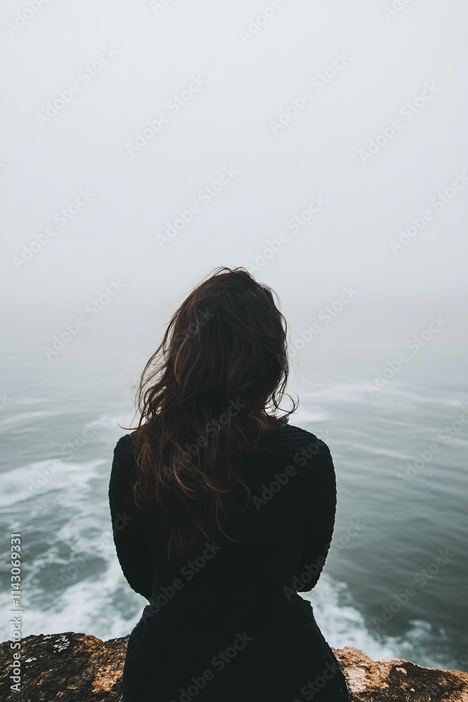 Woman sits, back to camera, ocean view, foggy day. Woman sits, back to camera, ocean view, foggy day.