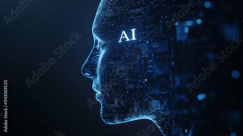 a digital head made up of circuits, nodes, and data flows, with dark blue gradient background, symbolizing the complexity of artificial intelligenc, AI technology concept	 photo