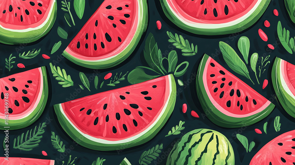 Watermelon wallpaper design, summer fruit pattern in red and green, tropical sweet background illustration, juicy organic texture, fresh pink melon slice motif, colorful seasonal print. Watermelon wallpaper design, summer fruit pattern in red and green, tropical sweet background illustration, juicy organic texture, fresh pink melon slice motif, colorful seasonal print.