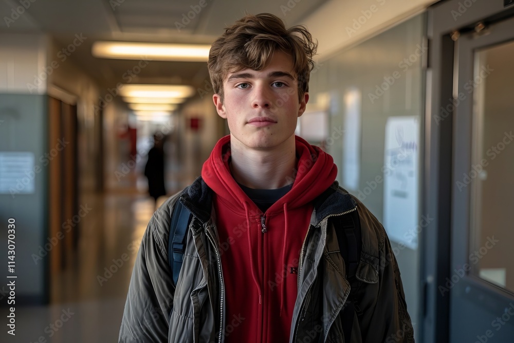 A Caucasian male student in a hallway at school feeling isolated is captured in a full-body photograph.
