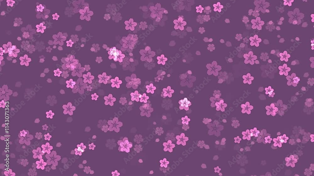 Abstract floral pattern motion background with animated pale pink sakura flowers and cherry blossom petals falling on purple backdrop. Decorative video animation for japanese or springtime design. Abstract floral pattern motion background with animated pale pink sakura flowers and cherry blossom petals falling on purple backdrop. Decorative video animation for japanese or springtime design.
