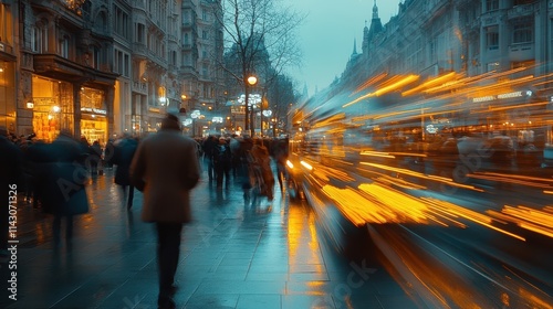 Busy street scene with blurred motion, while a stationary object remains in crisp focus, conveying dynamic energy