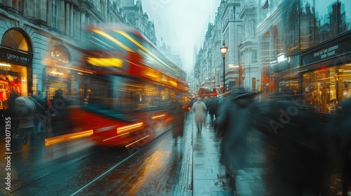 Busy street scene with blurred motion, while a stationary object remains in crisp focus, conveying dynamic energy