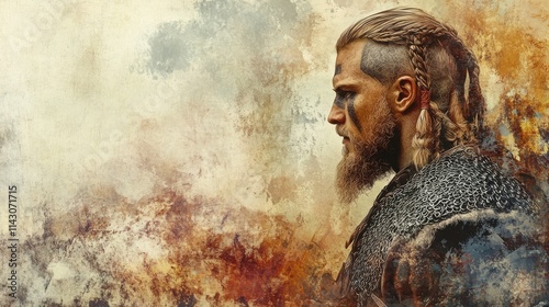 Profile of a fierce Viking warrior, his braided hair and beard adding to his imposing presence against a textured background. photo