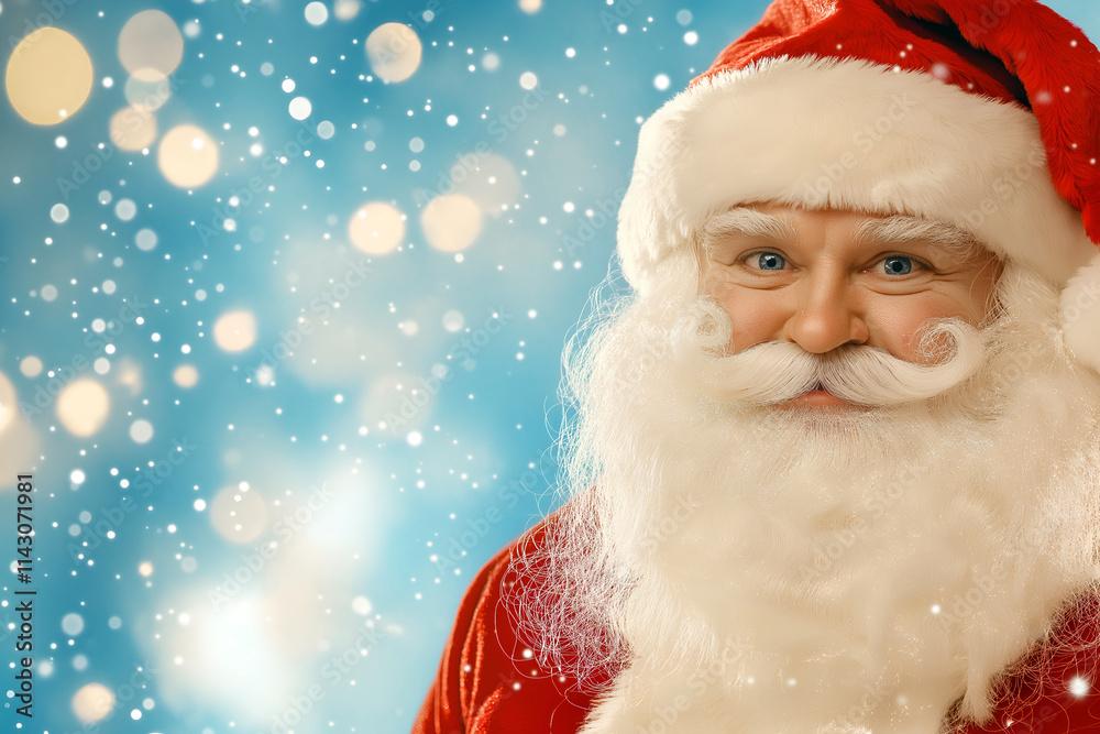 Santa Claus smiling on blue bokeh background, with copy space Santa Claus smiling on blue bokeh background, with copy space