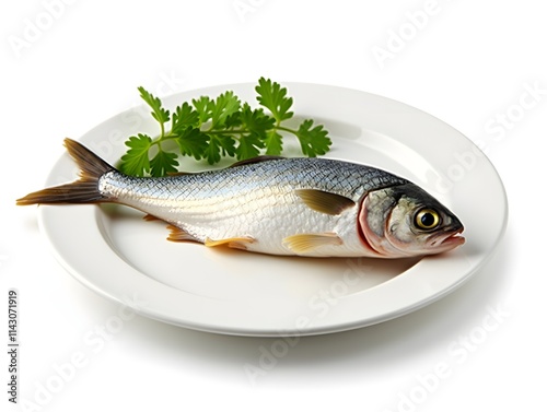 Salted fish Mackerel on a platy with herbs. Isolated on white background. photo