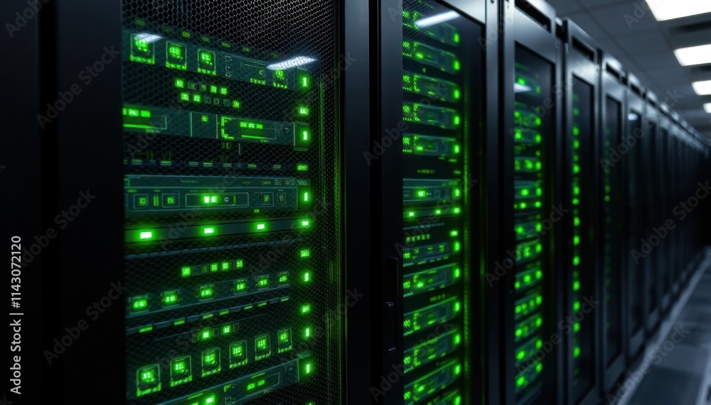 Close-up view of server racks with glowing green lights. Modern tech equipment in data center. Digital systems operate. Network hardware. Communication, data flow visualized. Tech center. High-tech Close-up view of server racks with glowing green lights. Modern tech equipment in data center. Digital systems operate. Network hardware. Communication, data flow visualized. Tech center. High-tech