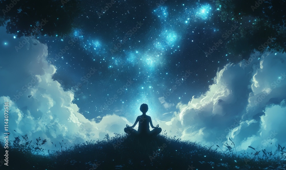 Silhouette meditates, starlight above, grassy hill. Silhouette meditates, starlight above, grassy hill.