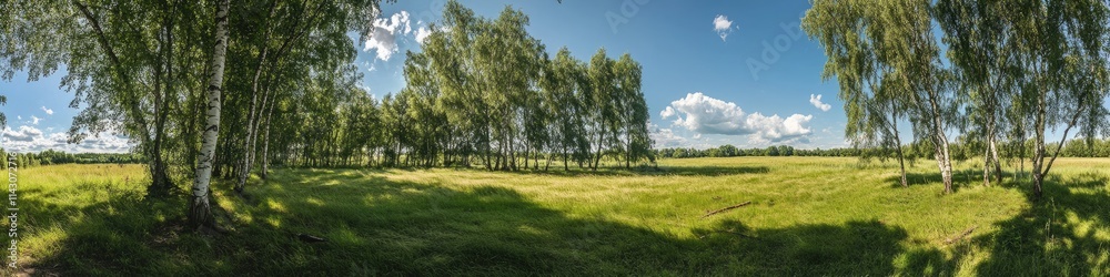Lush Summer Scene: Panoramic View of White Birch Trees in a Vibrant Green Forest Lush Summer Scene: Panoramic View of White Birch Trees in a Vibrant Green Forest